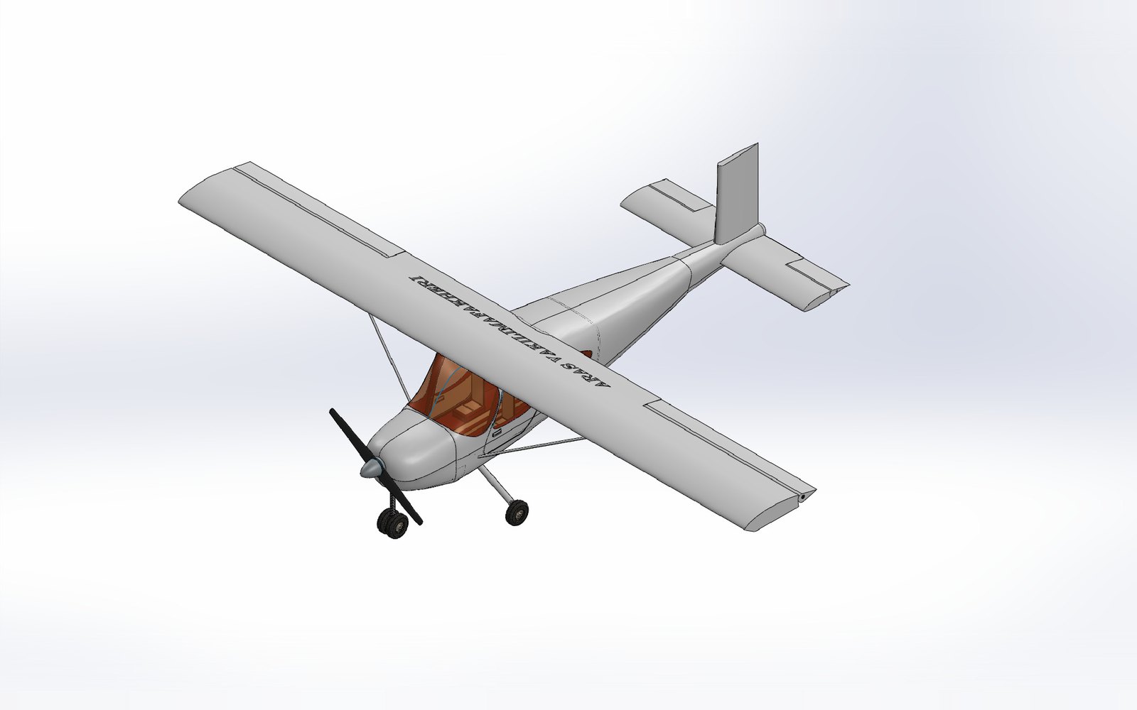 SolidWorks surface model of the Cessna 162: a high-wing single-engine aircraft with a tricycle undercarriage, the name ARAS VAKILIMAFAKHERI lettered along the wing