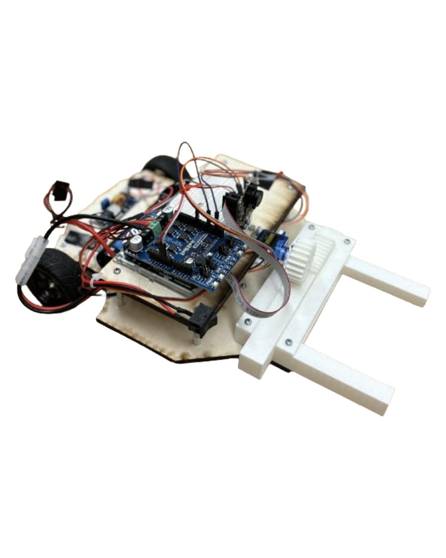 The Team RHYNoS autonomous rover: wooden chassis carrying an Arduino, motor shield and wiring, with a 3D-printed gripper at the front