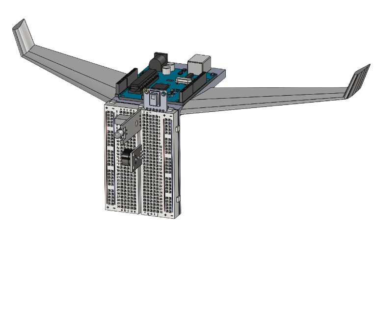SolidWorks model of the drone: an Arduino Uno and a breadboard mounted between two swept wings