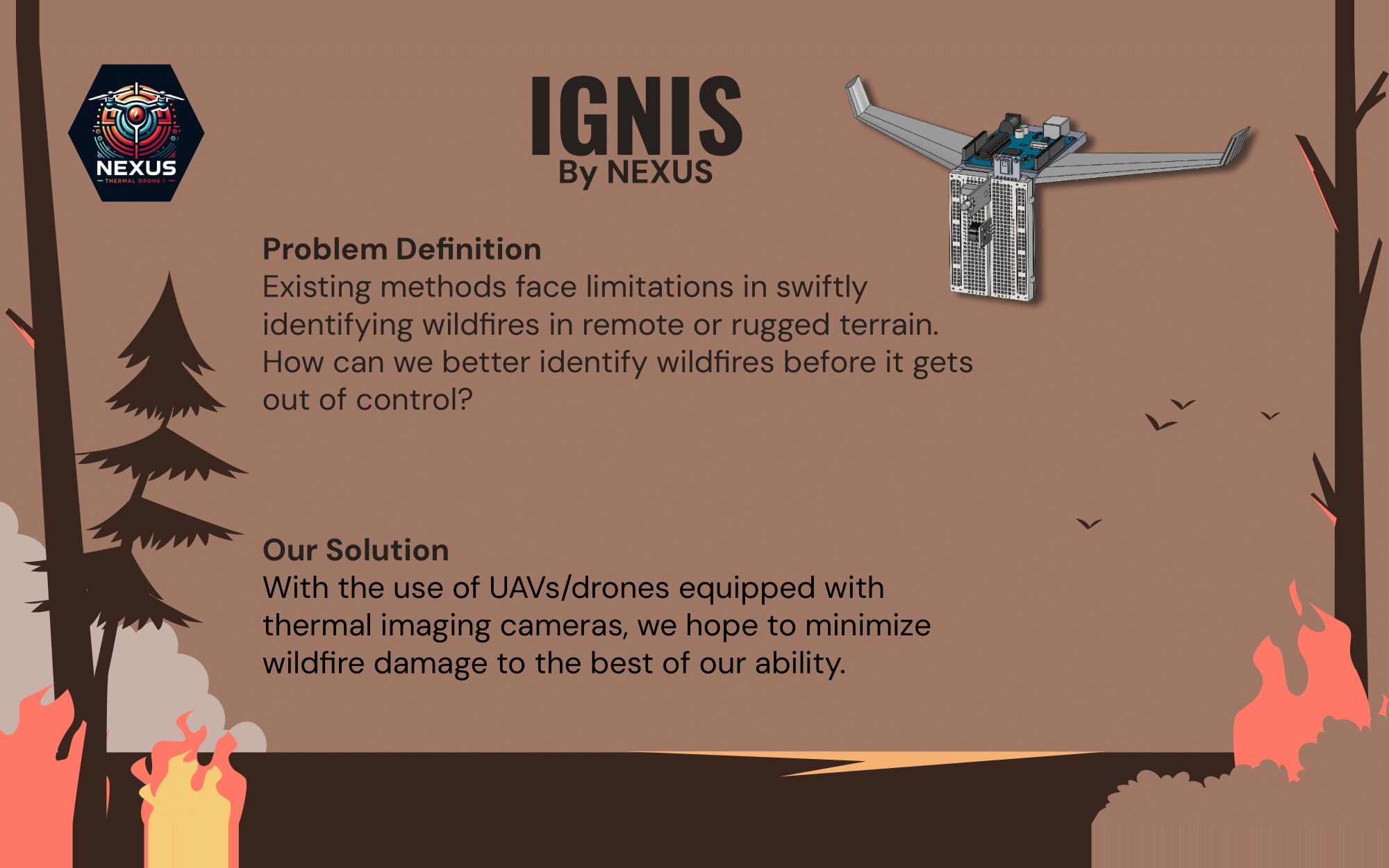 The IGNIS by NEXUS product preview slide: a problem definition and proposed solution beside a CAD render of the drone, set against an illustrated burning forest