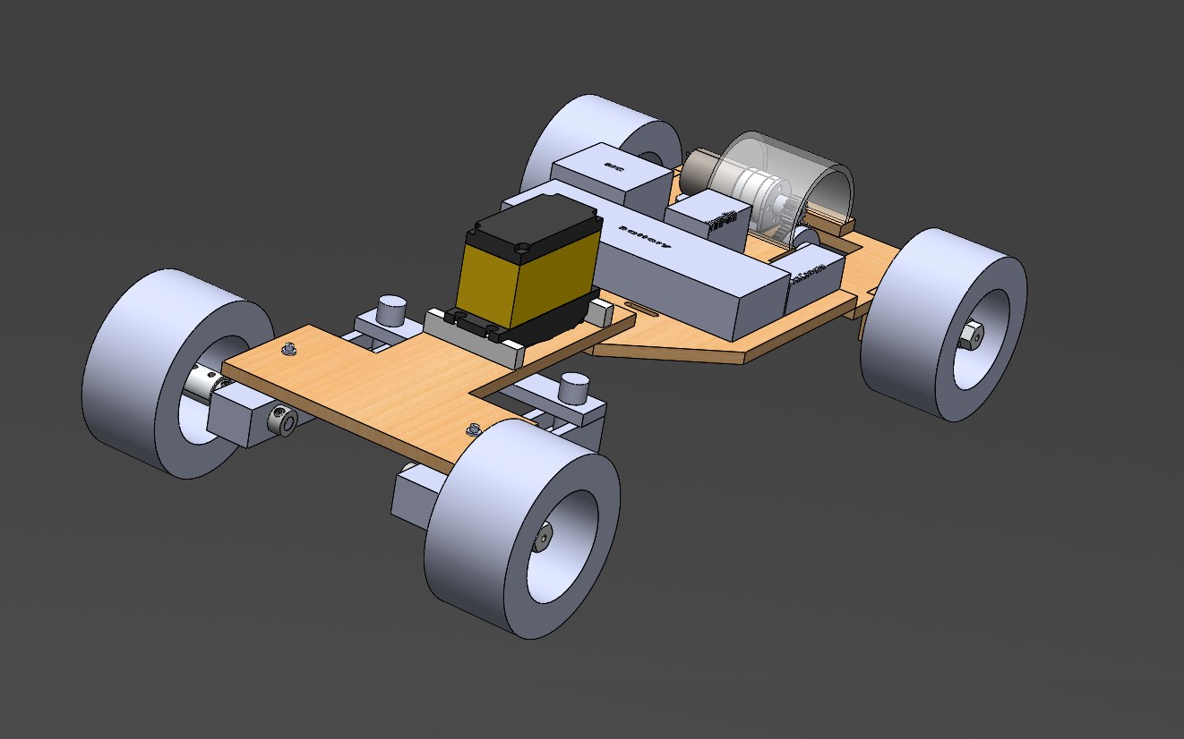 SolidWorks assembly of the rover, showing the plywood chassis, the servo and battery on the centre deck, the motor at the rear, and the four wheels