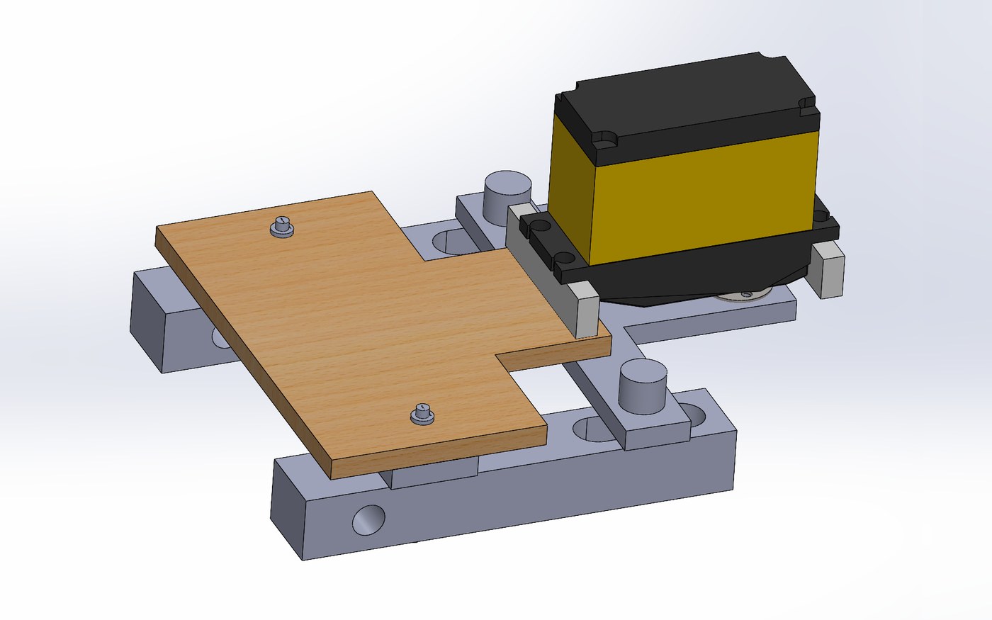 CAD view of the steering subassembly, with the servo mounted alongside the chassis plate and the wheel links on their pivots