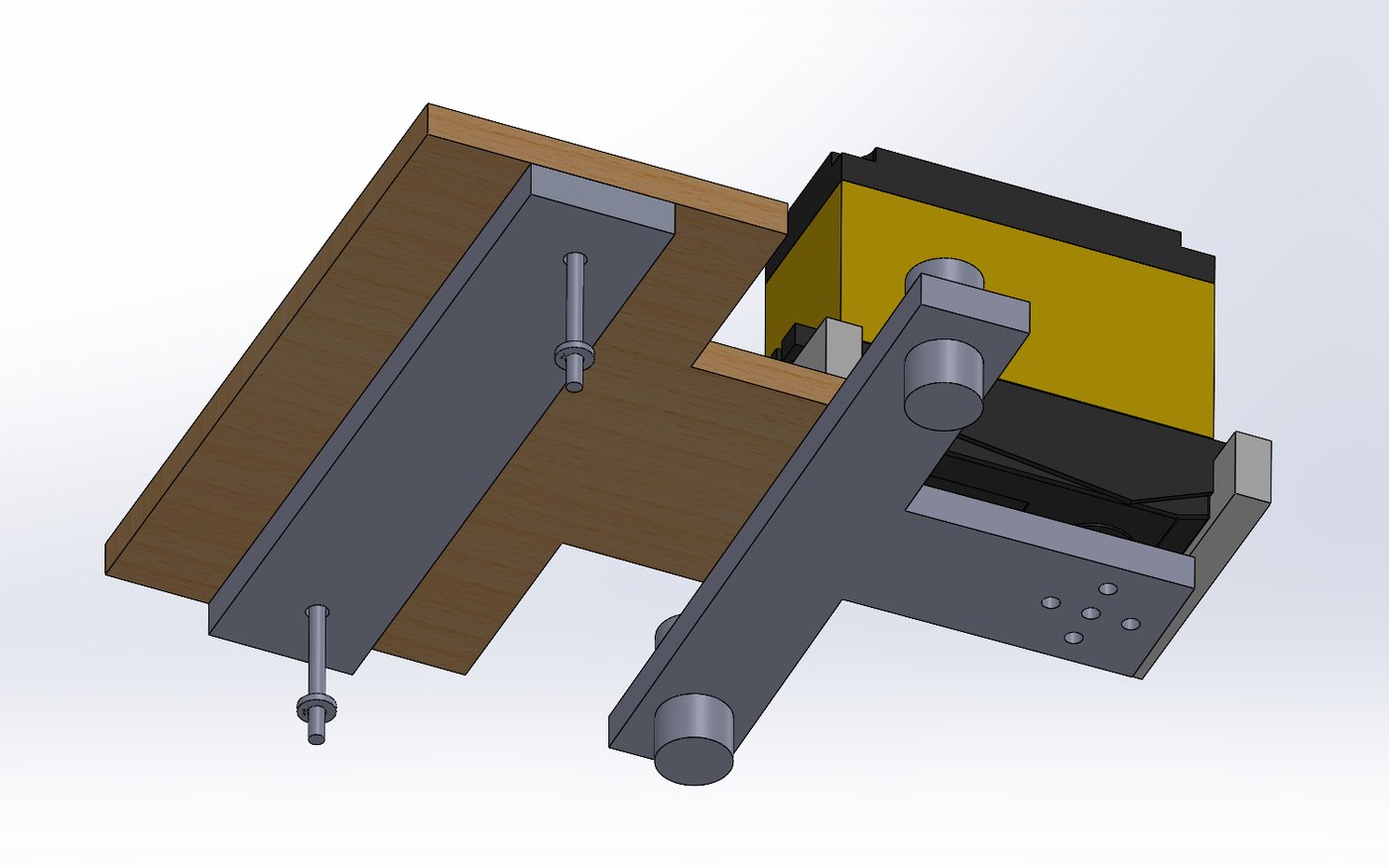 CAD close-up of the steering linkage: the T-shaped servo link slotted into the wheel links, with the straight chassis link anchoring them to the front of the chassis extension