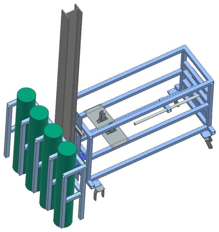 CAD of the K-bottle manifold: four K-bottles racked into an aluminium extrusion frame with a strongback and a linear slide