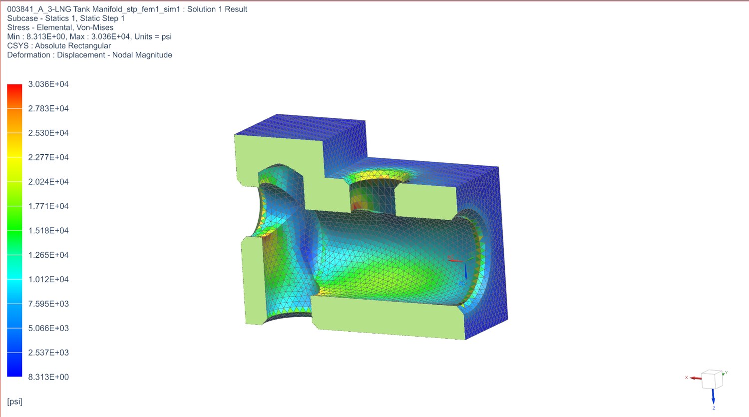 Von Mises stress plot of the sectioned LNG manifold from a static analysis in Siemens NX
