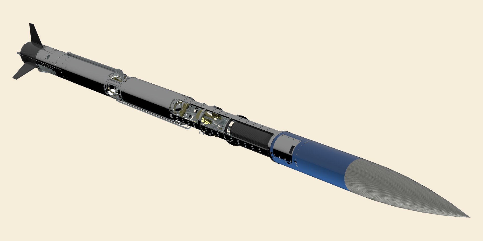 CAD render of UCI's second liquid bi-propellant rocket, a slender airframe with a blue and grey nose cone and cruciform tail fins, internal tankage visible through the skin