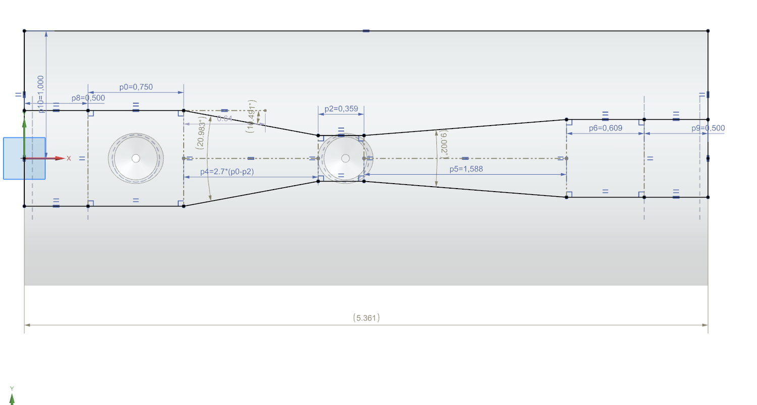 Dimensioned CAD sketch of the venturi profile showing the converging and diverging angles and the tap positions