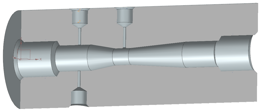 CAD section of the venturi inside its housing: the bore converges to a throat, with two pressure taps upstream and one at the throat