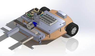 Isometric CAD view of the rover assembly, showing the chassis, electronics platform, gripper and drivetrain
