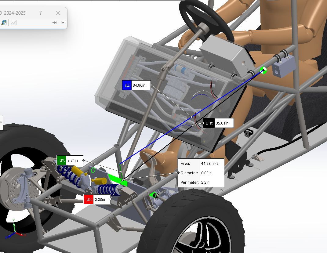 Closer CAD view with measured distances and a cross-section area of a suspension member