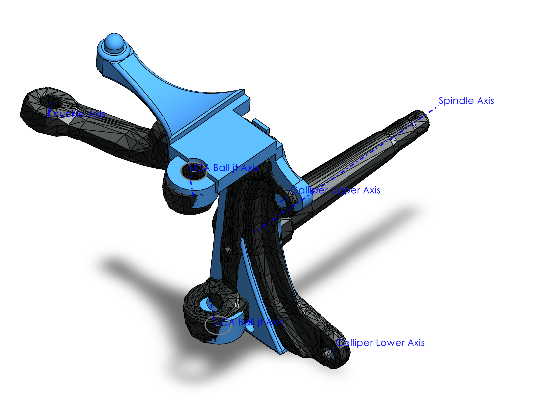 Laser-scanned CAD model of the upright with labeled spindle, ball joint and caliper axes, the old placeholder model superimposed in blue