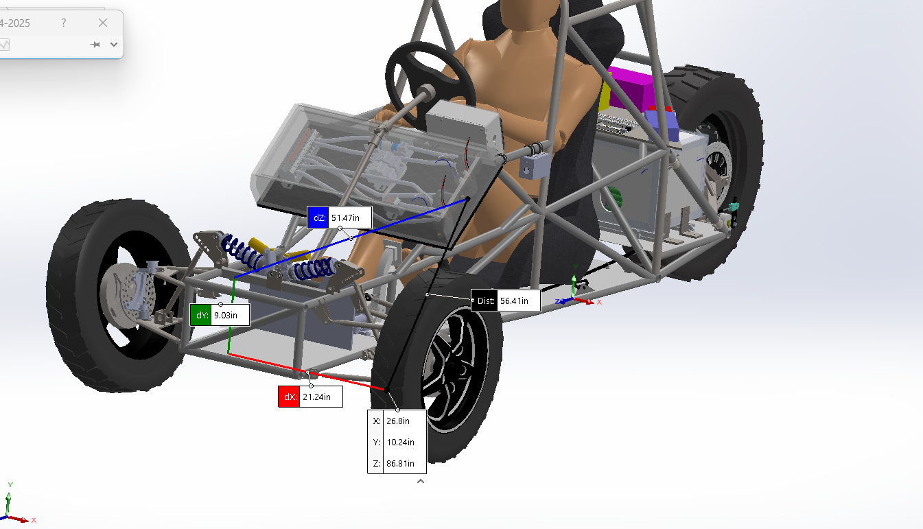 CAD view of the whole car with dimension callouts for center-of-gravity height, wheelbase and track